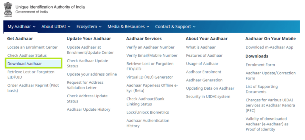 Download E-Aadhaar Card 